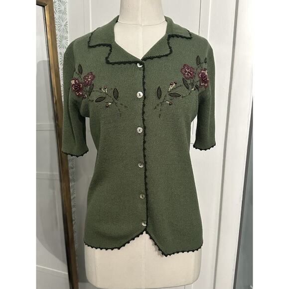 Koret Sweaters - Vintage Koret Womens Green Knitted Cardigan Embroidered Flowers Size Petite Sm